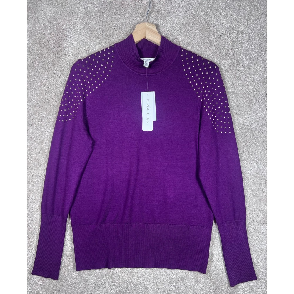 Y2K‎ Retro Top Rio & Rian Purple Studded Mock Neck Long Sleeve Sweater Knit